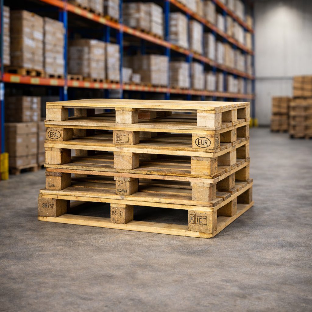 Gebruikte EPAL europallets gestapeld in magazijn — Tokim BV